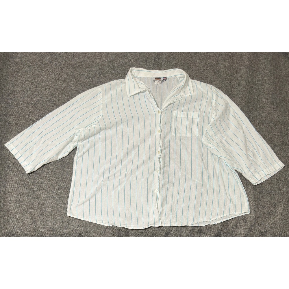 C.S.T. Sport Women's 4X Button Up Shirt White Blue Stripe 3/4 Sleeve‎ Cotton USA